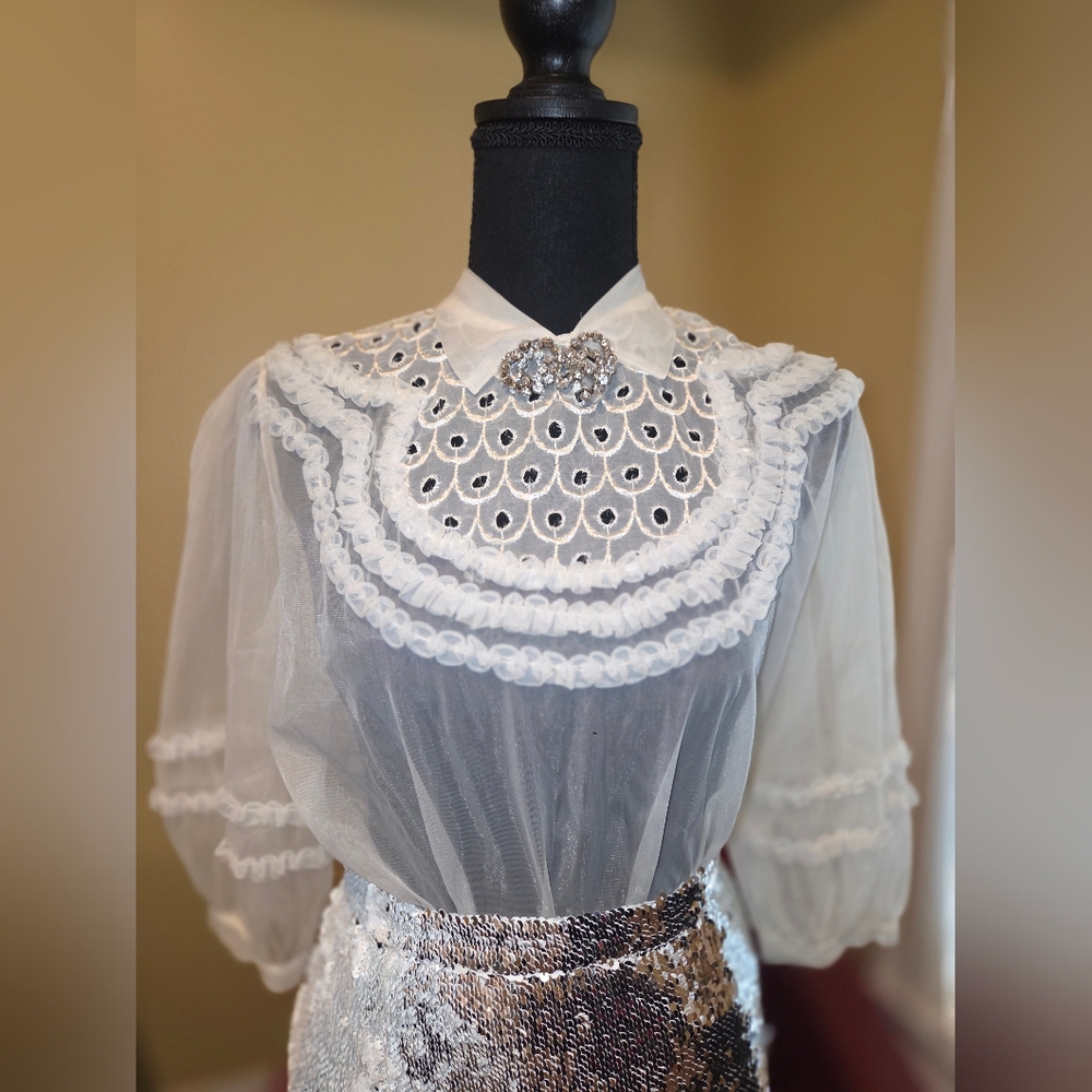 Elegant Sheer White Embellished Women's Top, Size Small